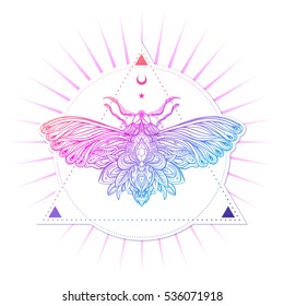 Colorful gradient decorative vector illustration of moth isolated on white over sacred geometry lines. Tattoo design. Coloring book for adults. Nature, spirituality, occultism, alchemy, magic concept.