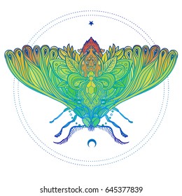 Colorful gradient decorative vector illustration of moth isolated on white over sacred geometry lines. Tattoo design. Coloring book for adults. Nature, spirituality, occultism, alchemy, magic concept.
