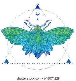 Colorful gradient decorative vector illustration of moth isolated on white over sacred geometry lines. Tattoo design. Coloring book for adults. Nature, spirituality, occultism, alchemy, magic concept.
