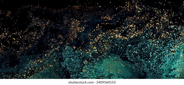 Colorful gradient dots randomly flowing and swirling in liquid stream. Chaotic motion of small colorful circles. Abstract dynamic particles background for banner, flyer, poster. Vector Illustration