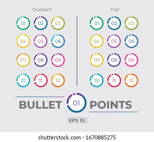 Colorful Gradient And Flat Circle Icon Bullet Points Set Collection With Number From One Twelve. Vector. EPS 10