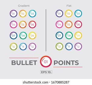 Colorful Gradient And Flat Circle Icon Bullet Points Set Collection With Number From One Twelve. Vector. EPS 10