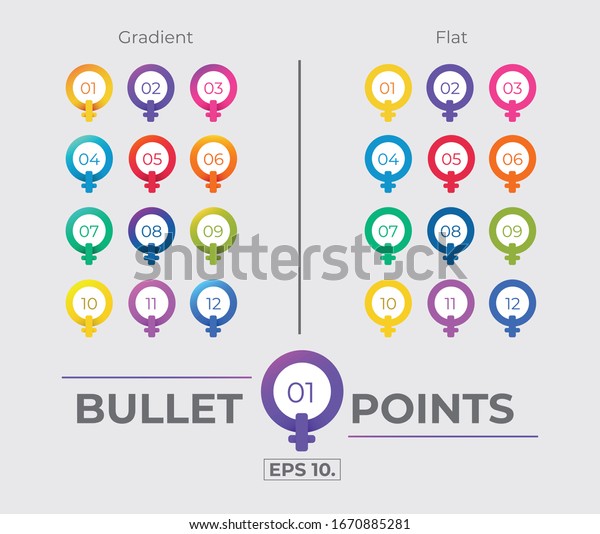 カラフルなグラデーションと平らな女性の記号アイコン箇条書きのポイントセットコレクションで 12から数値を指定します ベクター画像 Eps10 のベクター画像素材 ロイヤリティフリー