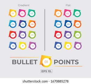 Colorful Gradient And Flat House or Arrow Icon Bullet Points Set Collection With Number From One Twelve. Vector. EPS 10