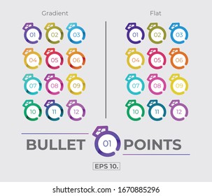 Colorful Gradient And Flat Ring Sign Icon Bullet Points Set Collection With Number From One Twelve. Vector. EPS 10