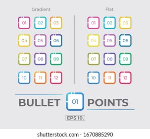 Colorful Gradient And Flat Rounded Box Rectangle Icon Bullet Points Set Collection With Number From One Twelve. Vector. EPS 10