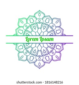 Colorful gradient floral card with blank space in the middle. Invitation template with decorative mandala. Lotus flower card, poster, flyer. Vector illustration. 