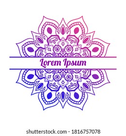 Colorful gradient floral card with blank space in the middle. Invitation template with decorative mandala. Lotus flower card, poster, flyer. Vector illustration. 