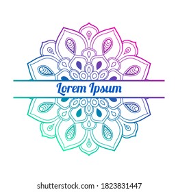 Colorful gradient floral card with blank space in the middle. Invitation template with decorative mandala. Lotus flower card, poster, flyer. Vector illustration.