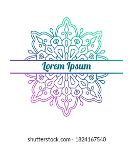 Colorful gradient floral card with blank space in the middle. Invitation template with decorative mandala. Lotus flower card, poster, flyer. Vector illustration.
