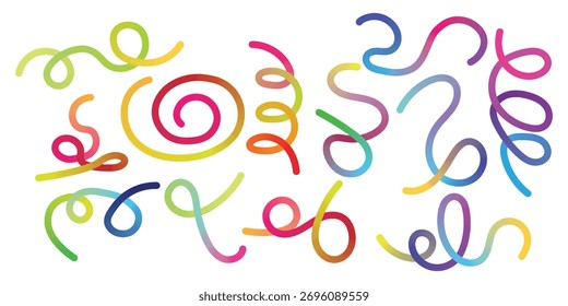 Colorful gradient flow lines set, abstract rainbow wavy shapes and curved elements vector background.