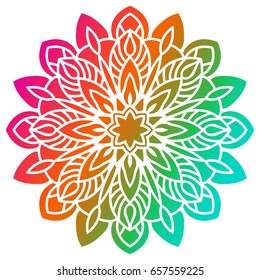 Colorful gradient flower mandala. Hand drawn decorative element. Ornamental round doodle floral element isolated on white background. Vector illustration.