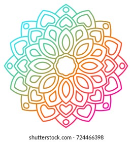 Colorful gradient flower mandala. Hand drawn decorative element. Ornamental round doodle floral element isolated on white background. Vector illustration.