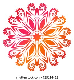 Colorful gradient flower mandala. Hand drawn decorative element. Ornamental round doodle floral element isolated on white background. Vector illustration.