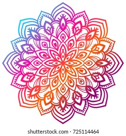 Colorful gradient flower mandala. Hand drawn decorative element. Ornamental round doodle floral element isolated on white background. Vector illustration.