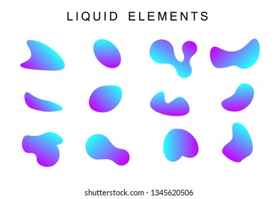 Colorful gradient fluid shapes. Set isolated liquid elements of holographic chameleon design palette of shimmering colors. Template of fluid organic shapes with plastic lines and form