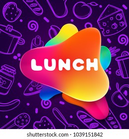 Colorful gradient flyer for cafe on bright and glossy background with lunch quote. Linear doodle illustration of food. Composition of multi-colored gradients and fluid abstract shapes.
