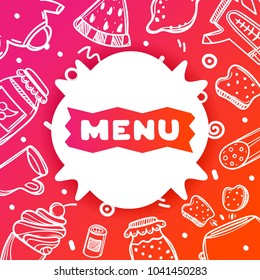 Colorful gradient flyer for cafe on bright and glossy background with menu quote. Linear doodle illustration of food. White sticker on multi-colored gradient.