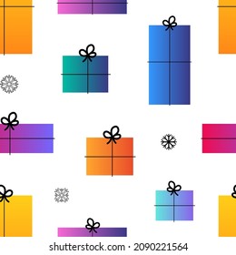 Colorful gradient gifts, presents, packages and snowflakes vector seamless pattern background for christmas and winter holidays design. 
