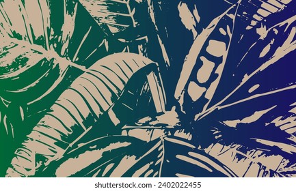 Colorful gradient grunge background. Tropical leaves. Vector