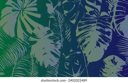 Colorful gradient grunge background. Tropical leaves. Vector