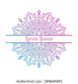 Colorful gradient half of flower greeting card. Invitation template with ornamental Mandala. Lotus floral postcard, poster, flyer. Vector illustration.   