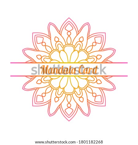 Colorful gradient half of flower greeting card. Invitation template with ornamental Mandala. Lotus floral postcard, poster, flyer. Vector illustration. 