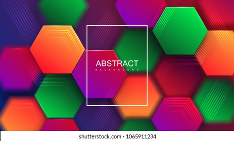 Colorful gradient hexagonal tiles with lines. Abstract modern background. Vector illustration. Creative 3d cover for branding design. Puzzle concept