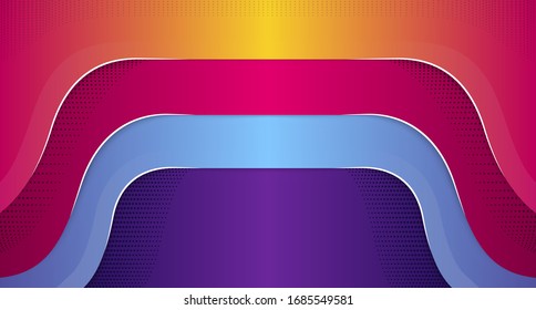 fondo horizontal de gradiente colorido con elemento blanco en el patrón de puntos de curva y medio tono. plantilla de diseño de estilo de corte de papel. los colores utilizados son el violeta, el azul, el rosa y el amarillo. 