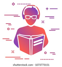 colorful gradient icon of male with glasses and headphones reading a magazine on white background. Audio book concept image