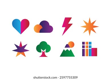 Colorful gradient icons set nature symbols perfect for web design and branding vibrant heart cloud