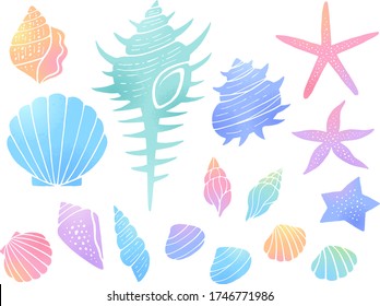 Colorful gradient illustration set of seashells and starfish