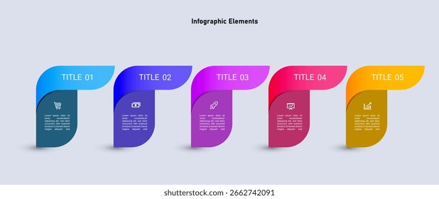 Diseño de infografía de gradiente colorido con cinco pasos de negocio.