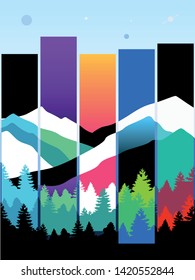 Colorful Gradient Landscape, Bright Colors, Forest and Mountains