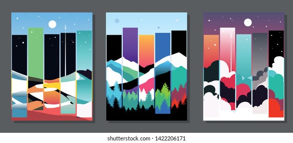 Colorful Gradient Landscapes Set, Forest, Desert and Cloudy Sky