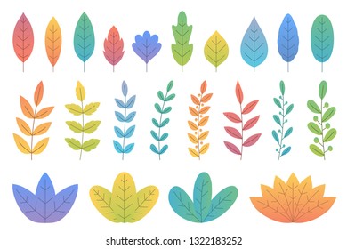 Colorful gradient leaves and trees, bushes and branches, white background, vector eps10 illustration