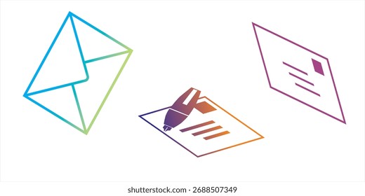 Colorful gradient line art of envelope, letter and pen icons, modern postal communication concept vector illustration, minimal mail correspondence design for email, message, document and stationery