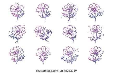 Colorful Gradient Line Art Floral Icon Set Featuring 25 Unique Botanical Flower Designs in Minimalist Style for Decorative and Digital Use