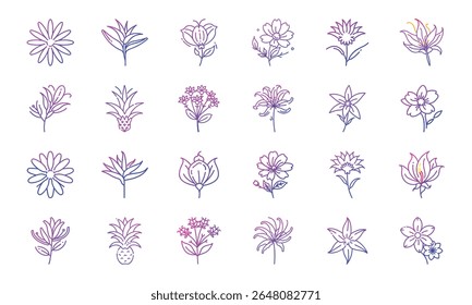 Colorful Gradient Line Art Floral Icon Set Featuring 25 Unique Botanical Flower Designs in Minimalist Style for Decorative and Digital Use