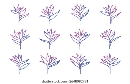 Colorful Gradient Line Art Floral Icon Set Featuring 25 Unique Botanical Flower Designs in Minimalist Style for Decorative and Digital Use