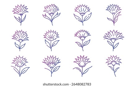 Colorful Gradient Line Art Floral Icon Set Featuring 25 Unique Botanical Flower Designs in Minimalist Style for Decorative and Digital Use