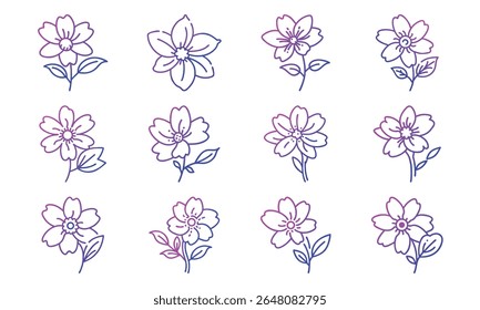 Colorful Gradient Line Art Floral Icon Set Featuring 25 Unique Botanical Flower Designs in Minimalist Style for Decorative and Digital Use