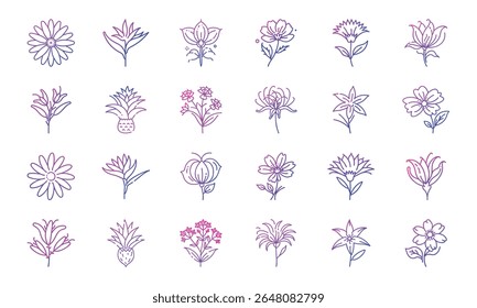 Colorful Gradient Line Art Floral Icon Set Featuring 25 Unique Botanical Flower Designs in Minimalist Style for Decorative and Digital Use