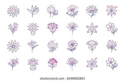 Colorful Gradient Line Art Floral Icon Set Featuring 25 Unique Botanical Flower Designs in Minimalist Style for Decorative and Digital Use