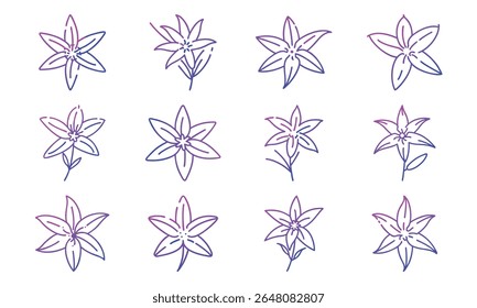 Colorful Gradient Line Art Floral Icon Set Featuring 25 Unique Botanical Flower Designs in Minimalist Style for Decorative and Digital Use