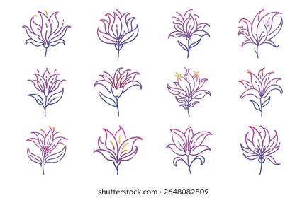 Colorful Gradient Line Art Floral Icon Set Featuring 25 Unique Botanical Flower Designs in Minimalist Style for Decorative and Digital Use