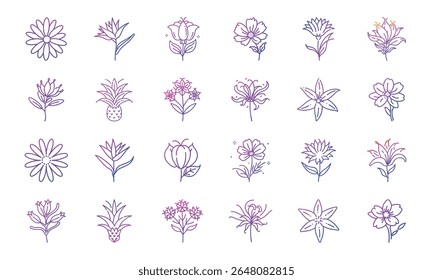 Colorful Gradient Line Art Floral Icon Set Featuring 25 Unique Botanical Flower Designs in Minimalist Style for Decorative and Digital Use