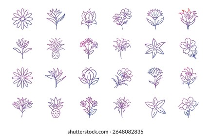 Colorful Gradient Line Art Floral Icon Set Featuring 25 Unique Botanical Flower Designs in Minimalist Style for Decorative and Digital Use