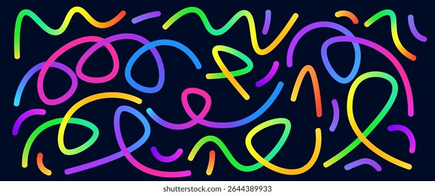 Colorful gradient lines background. Wavy abstract shapes collection. Decorative squiggle doodles set. Iridescent curved spirals elements. Vector rainbow swirls. Carnival smooth gradations strokes.