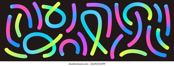 Colorful gradient lines set. Wavy abstract shapes collection. Decorative squiggle doodles. Irridescent curved spirals elements. Vector rainbow swirls. Carnival gradations strokes.